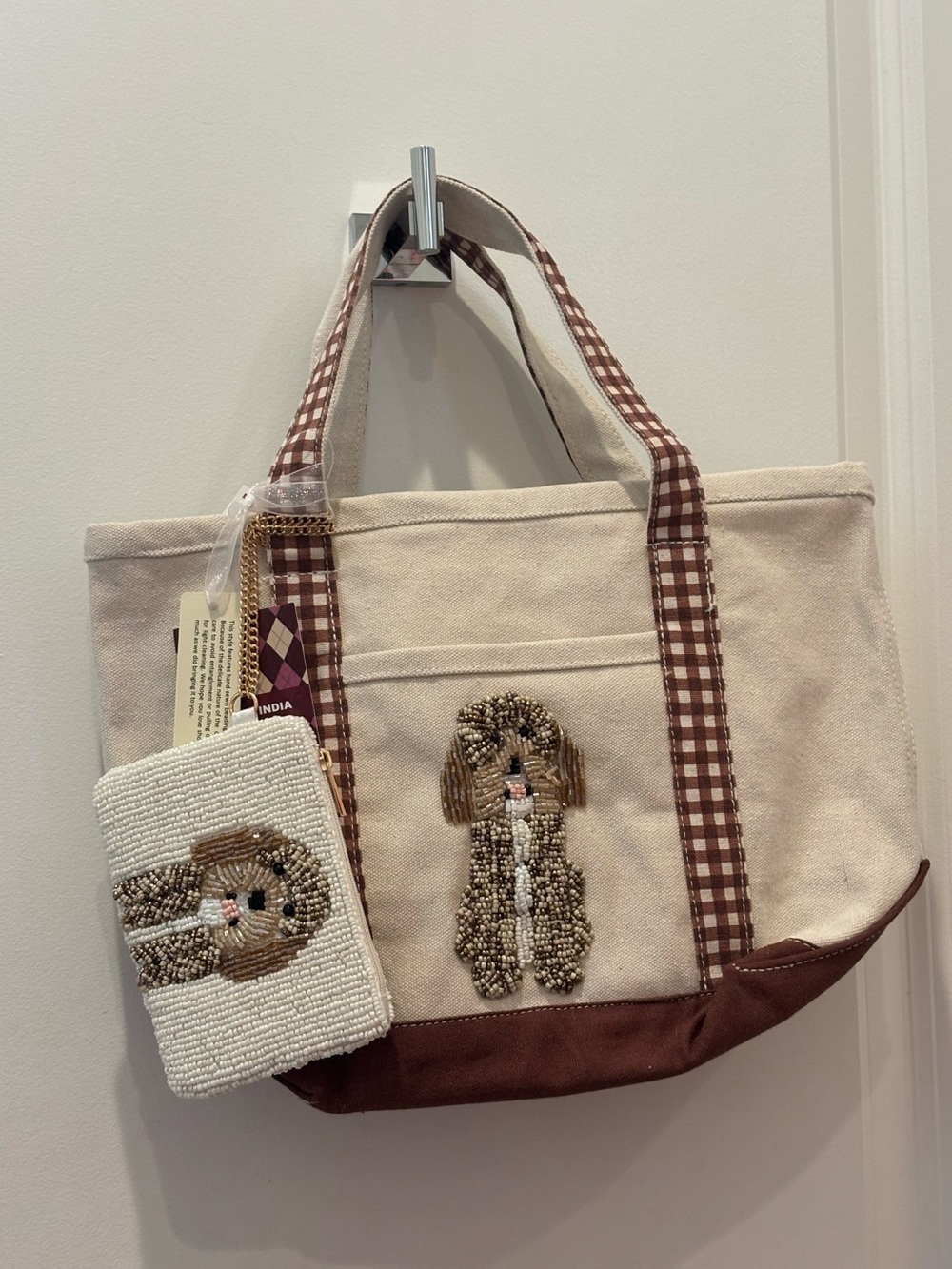 NWT Made in India Canvas Dog Applique Tote Bag with Beaded Coin Pouch